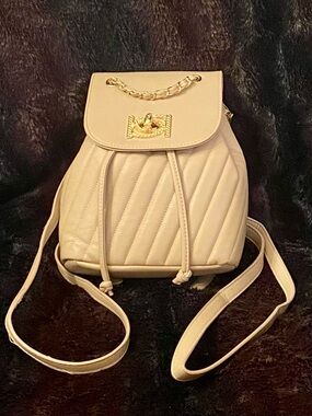 bebe Cream Quilted Drawstring Backpack with Gold Chain